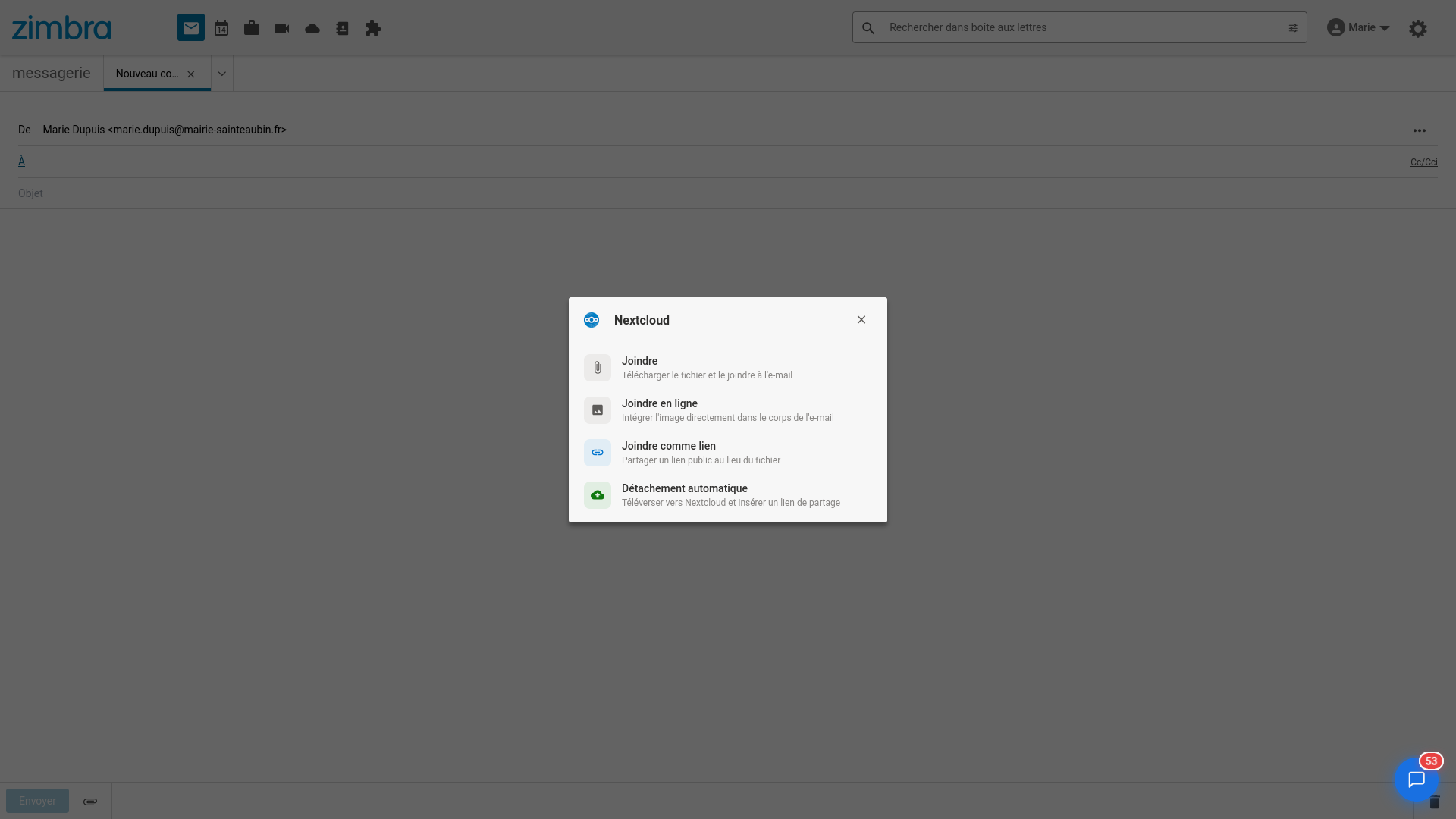 Choix du mode de pièce jointe — Nextcloud